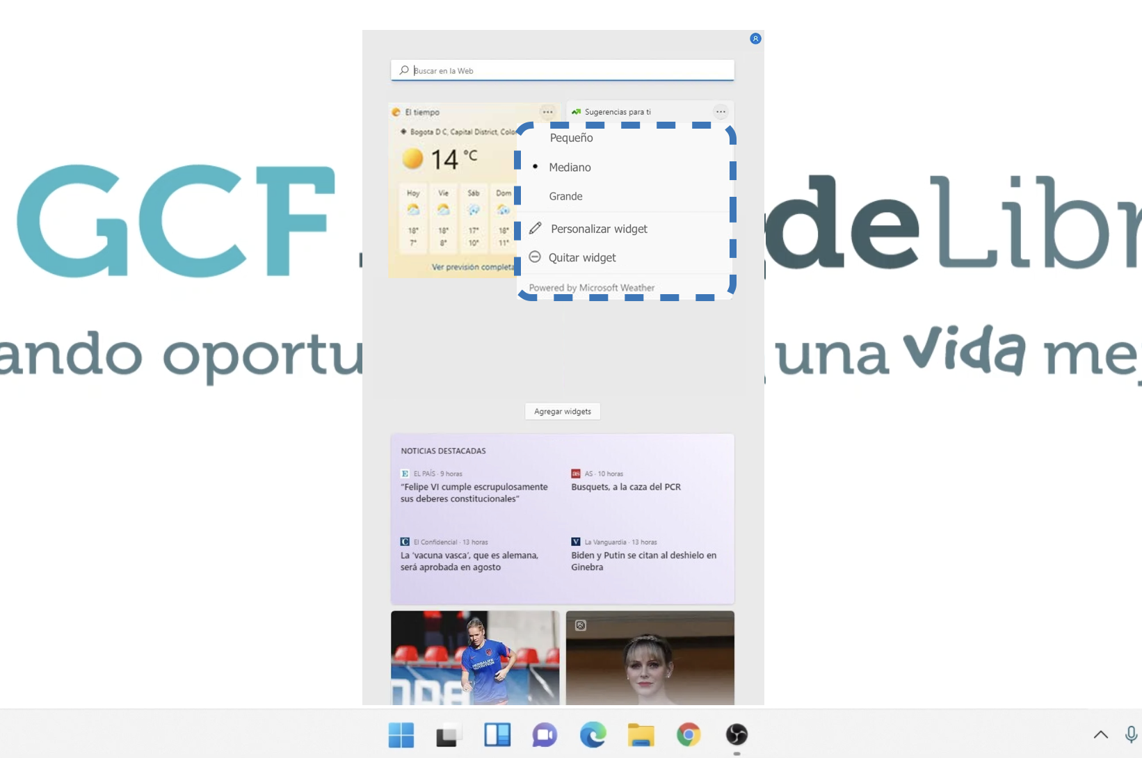 Panel de personalización de Widgets de Windows 11